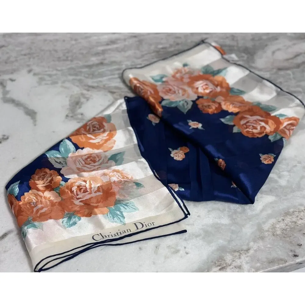 Auth Christian Dior Colorful Floral Stripe Silk Scarf 34 By 34